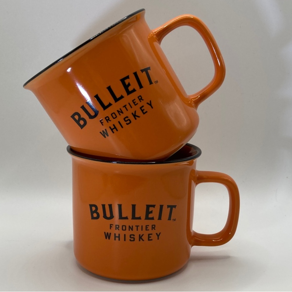 Bulleit Frontier Whiskey Orange Enamel Camp Mug Set of 2 Coffee Tea Cups